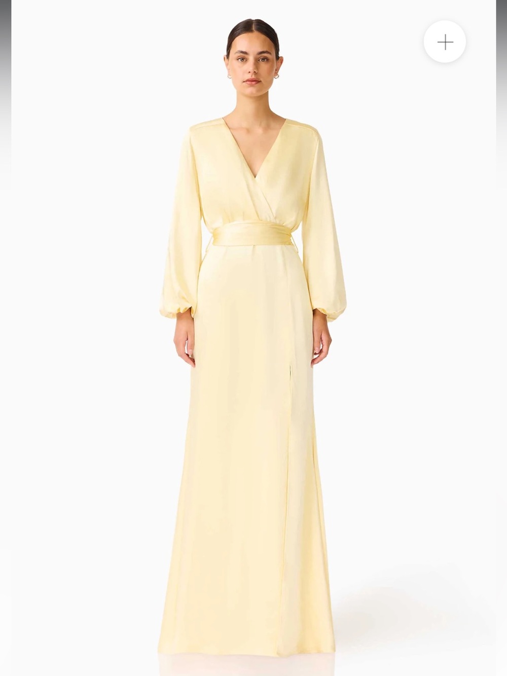 elliatt kia yellow satin v-neck draped long sleeve maxi gown dress small NEW